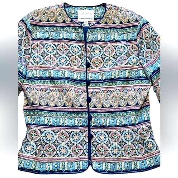 VINTAGE ADRIANNA PAPELL 100% SILK PASTEL PRINT BUTTON LINED BLAZER, SIZE 10 - Picture 8 of 8